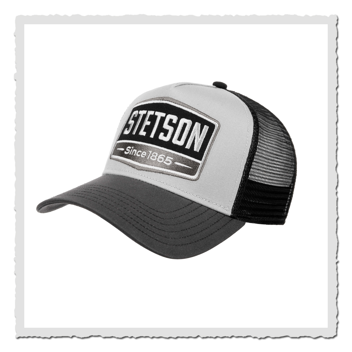 Stetson Trucker Cap Gasoline Grey in Grau-Schwarz mit großem Logo-Patch und Mesh-Back